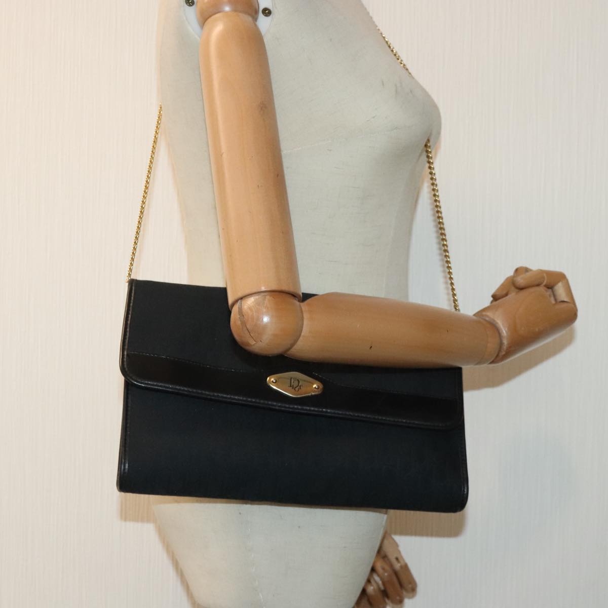 Christian Dior Trotter Canvas Chain Shoulder Bag Gold Black Auth ep5785