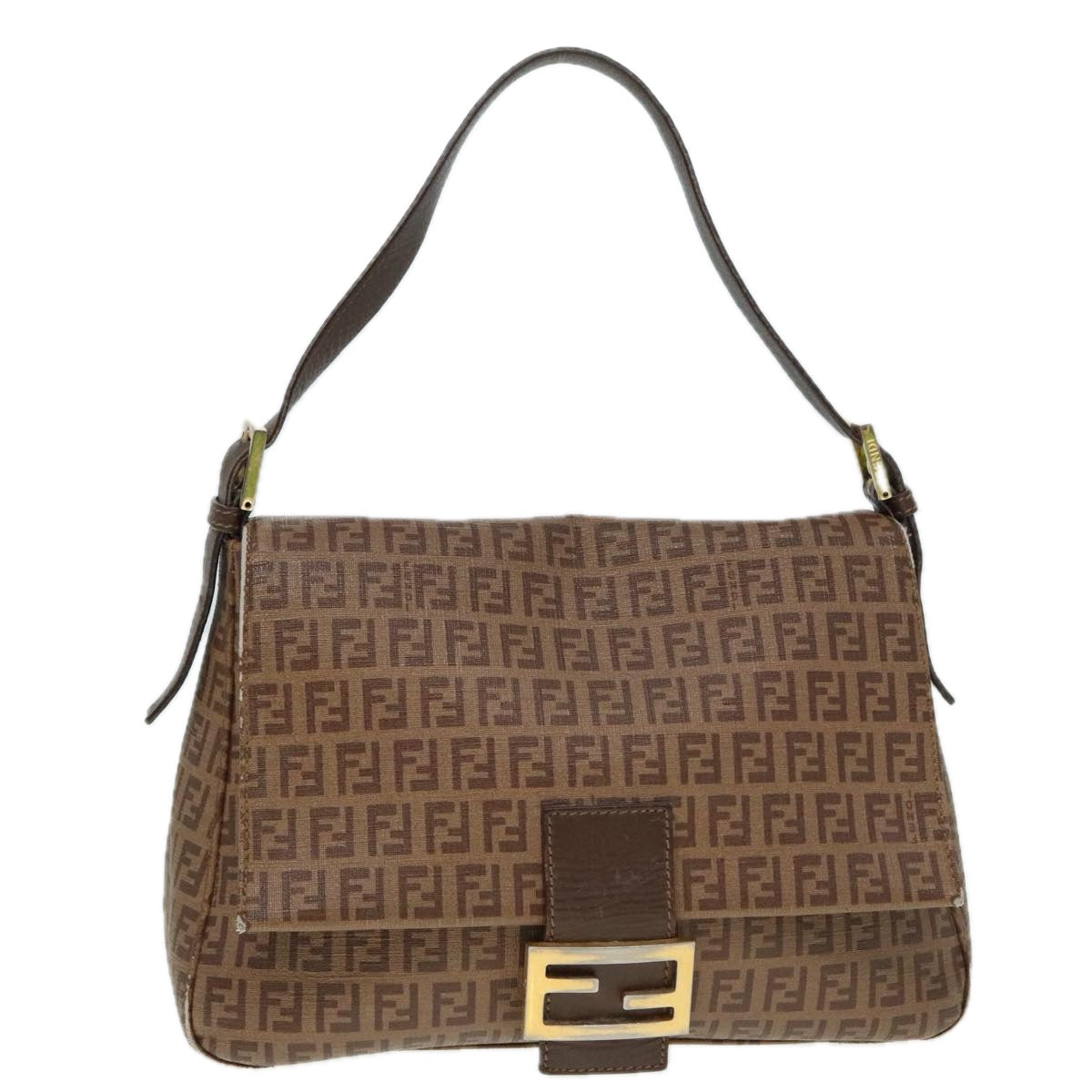 FENDI Zucchino Canvas Mamma Baguette Shoulder Bag Brown Gold Auth ep5786