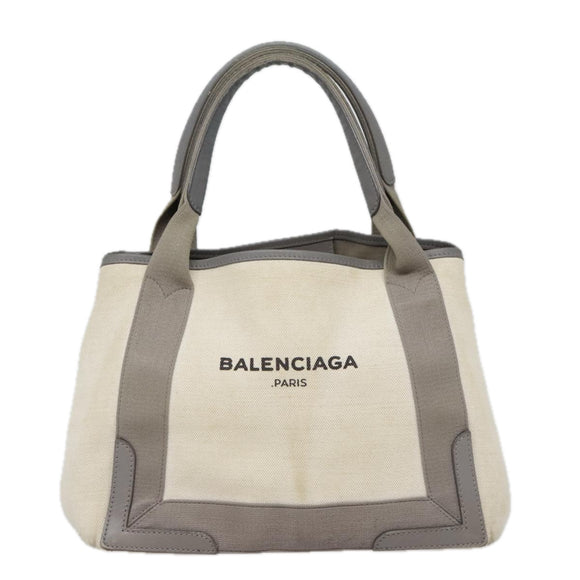 BALENCIAGA Navy Cabas S Hand Bag Canvas Leather White Beige 339933 Auth ep5793
