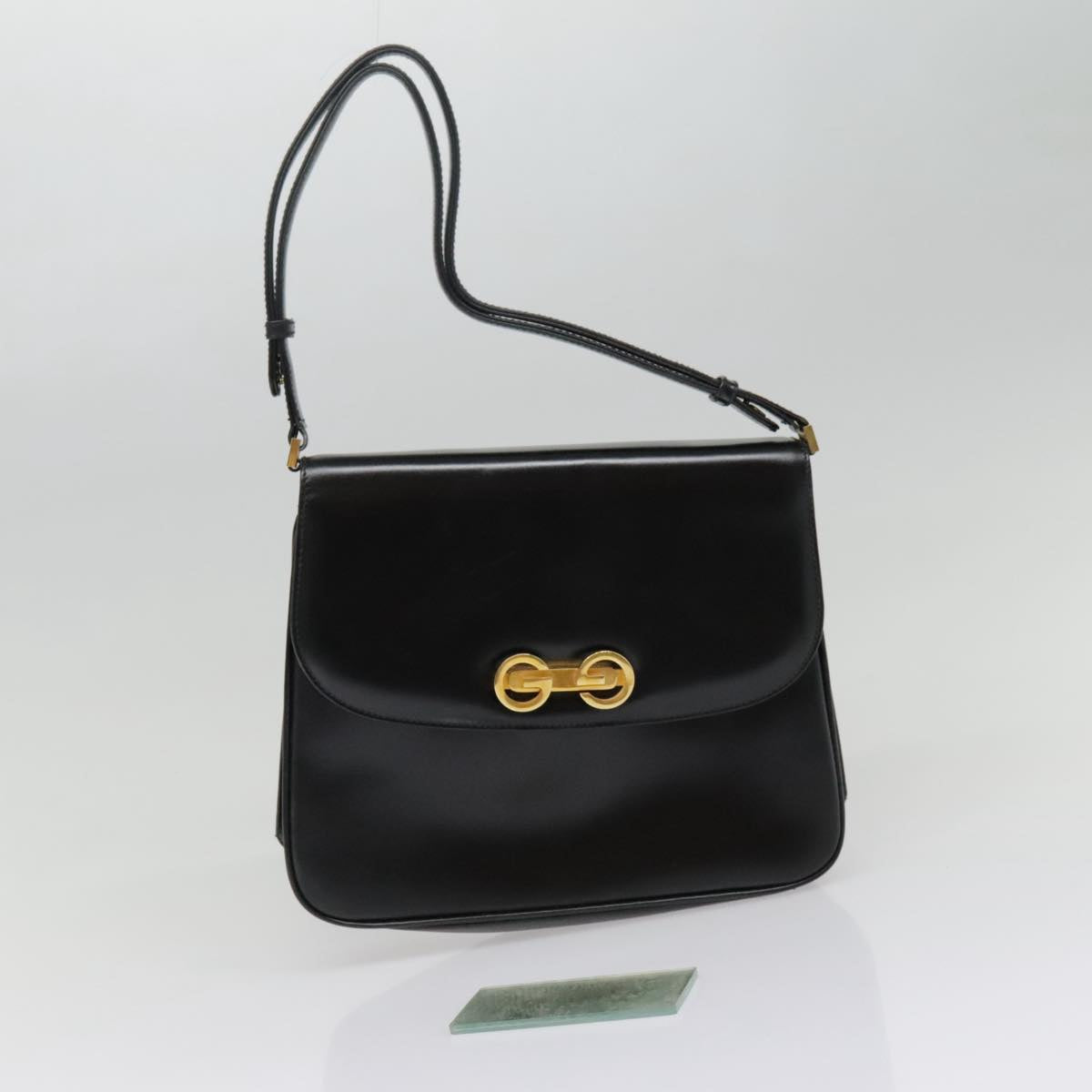 GUCCI Shoulder Bag Leather Black Gold Auth ep5802