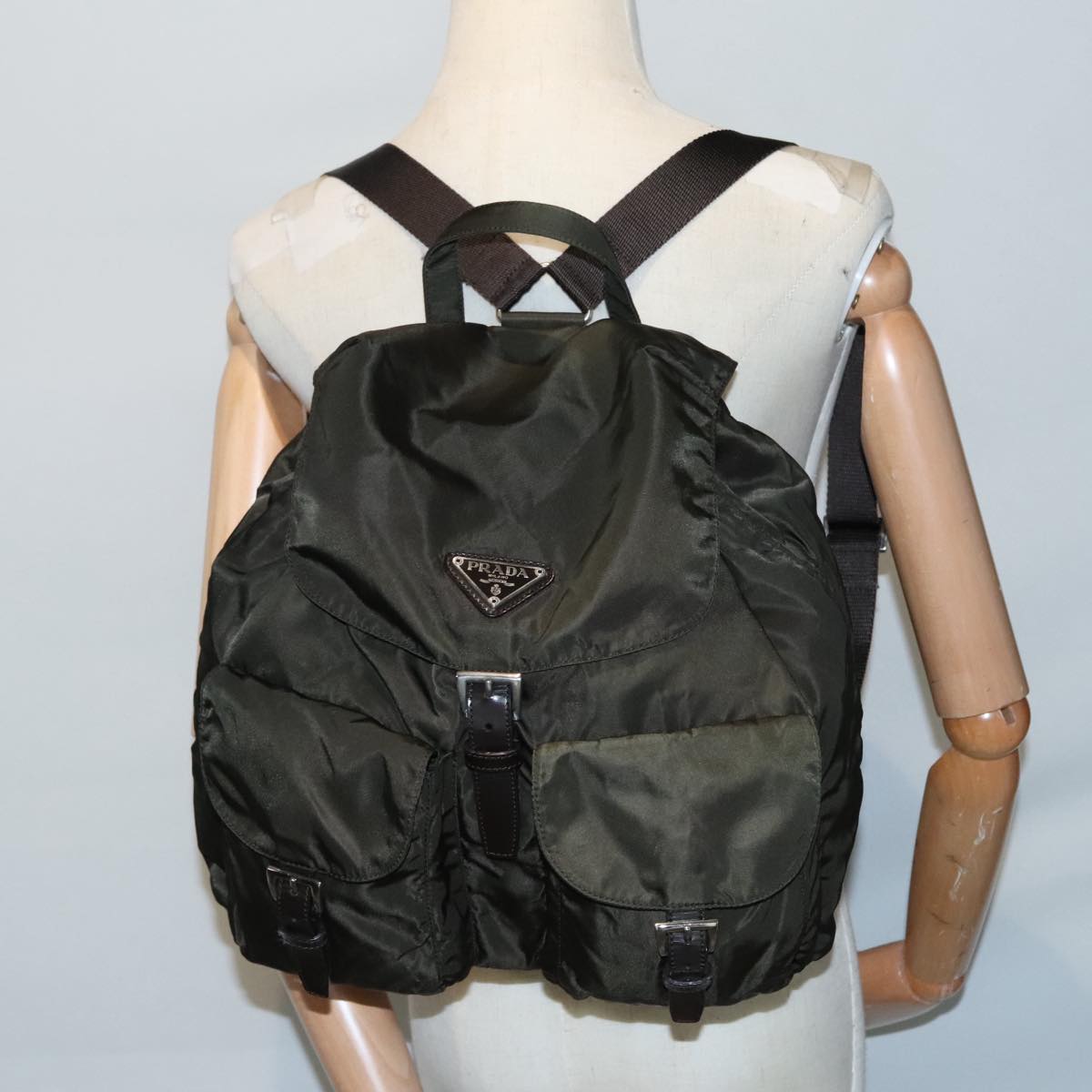 PRADA Backpack Nylon Khaki Silver Auth ep5805