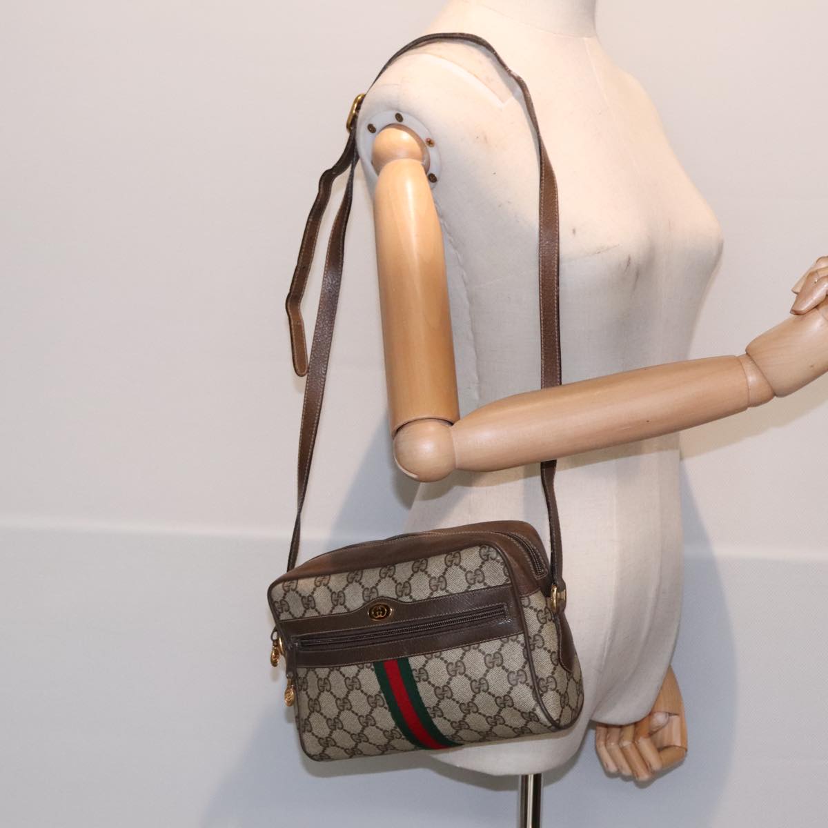 GUCCI GG Supreme Web Sherry Line Bag PVC Beige Gold 68 02 004 Auth ep5813