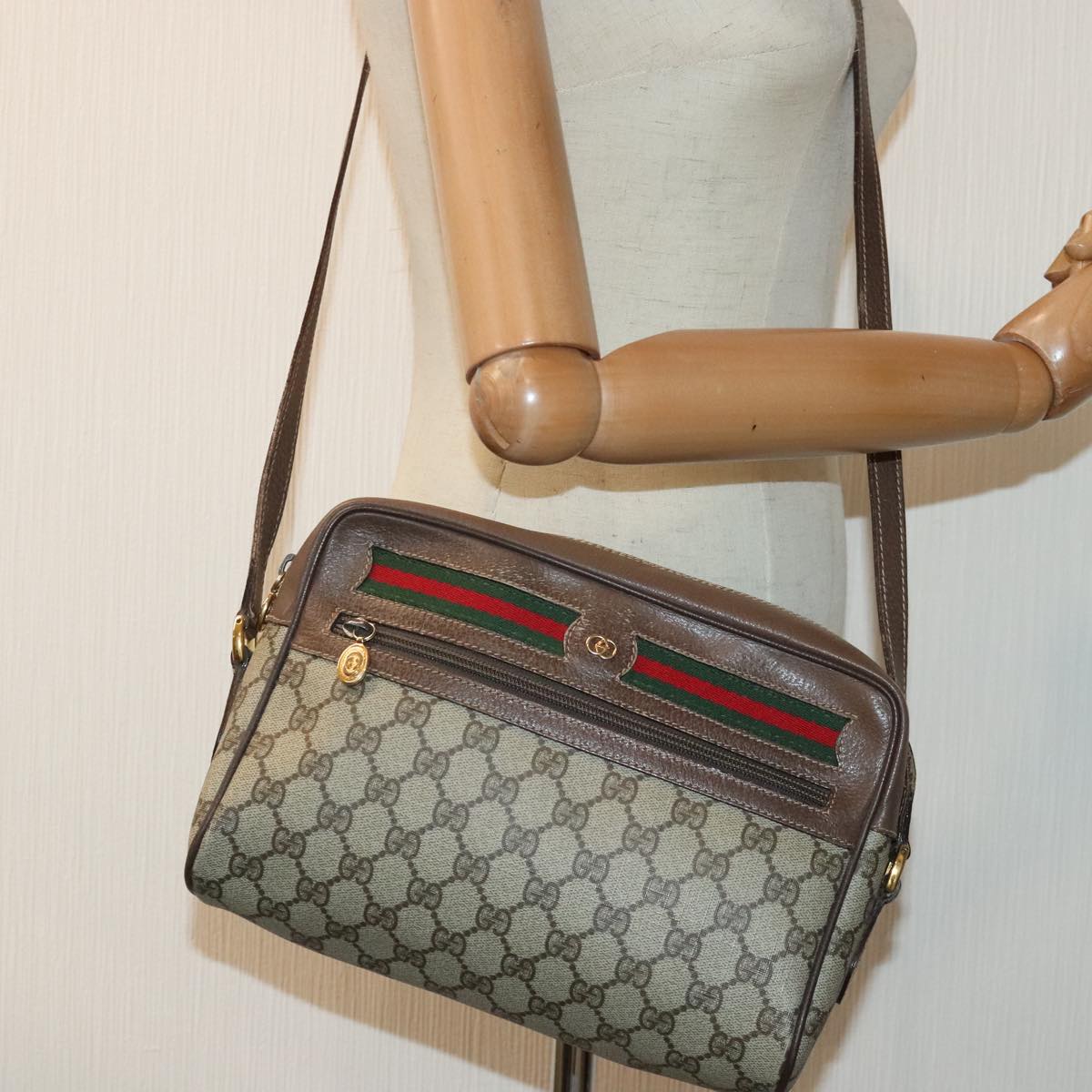 GUCCI GG Supreme Web Sherry Line Shoulder Bag PVC Beige 001 113 6472 Auth ep5821