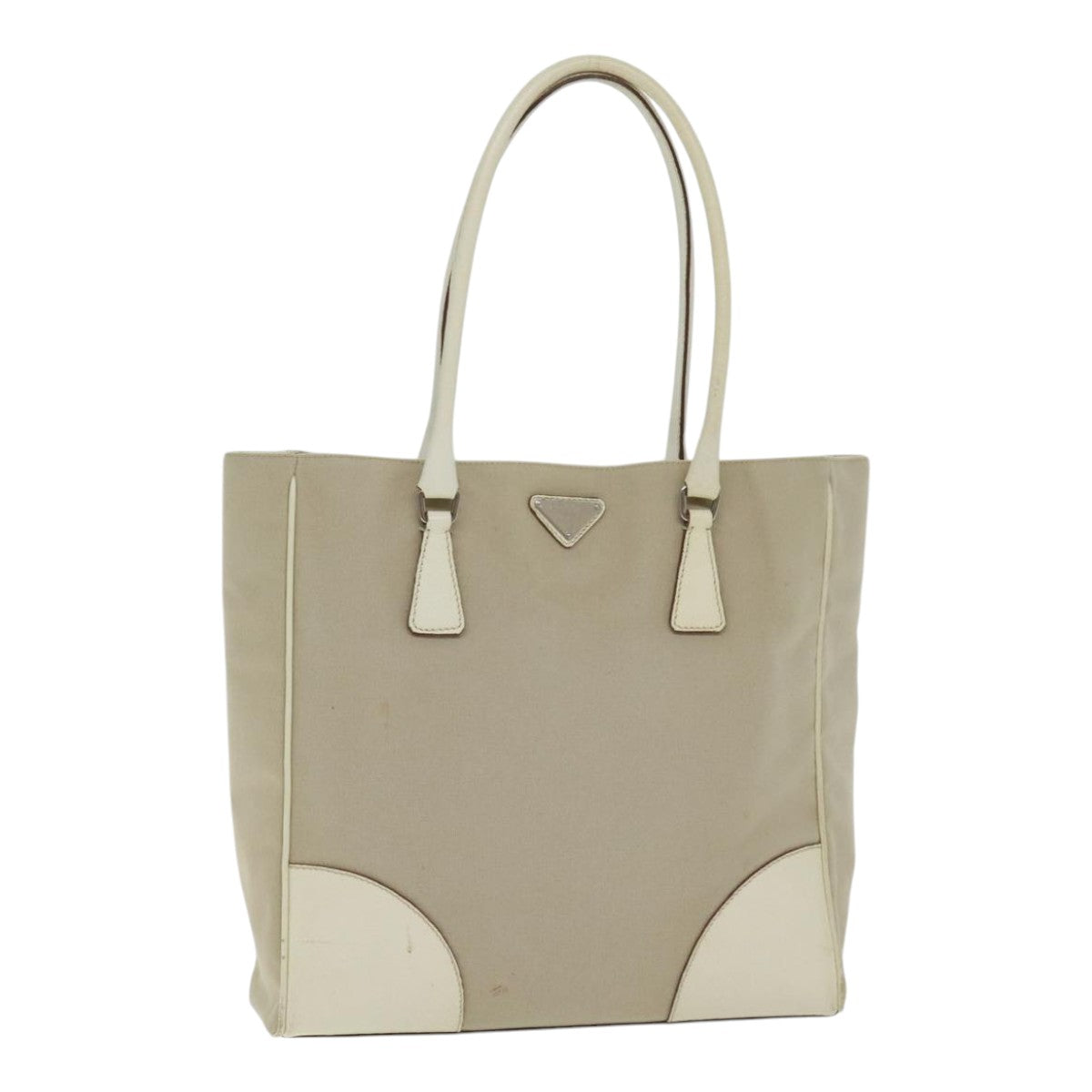 PRADA Tote Bag Canvas Leather Beige Cream Silver Auth ep5828