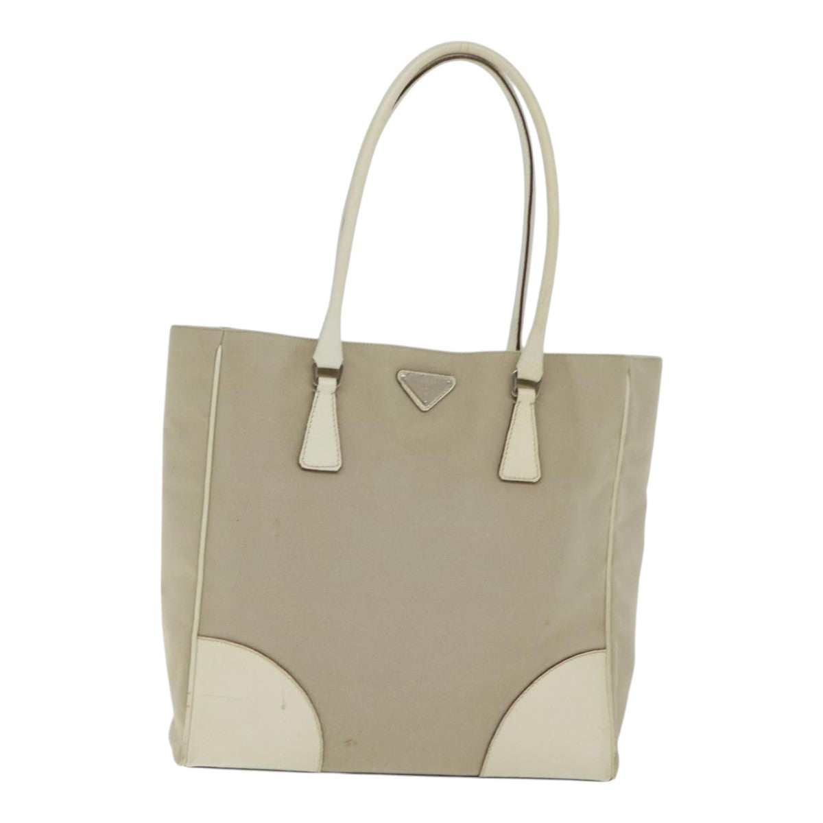 PRADA Tote Bag Canvas Leather Beige Cream Silver Auth ep5828