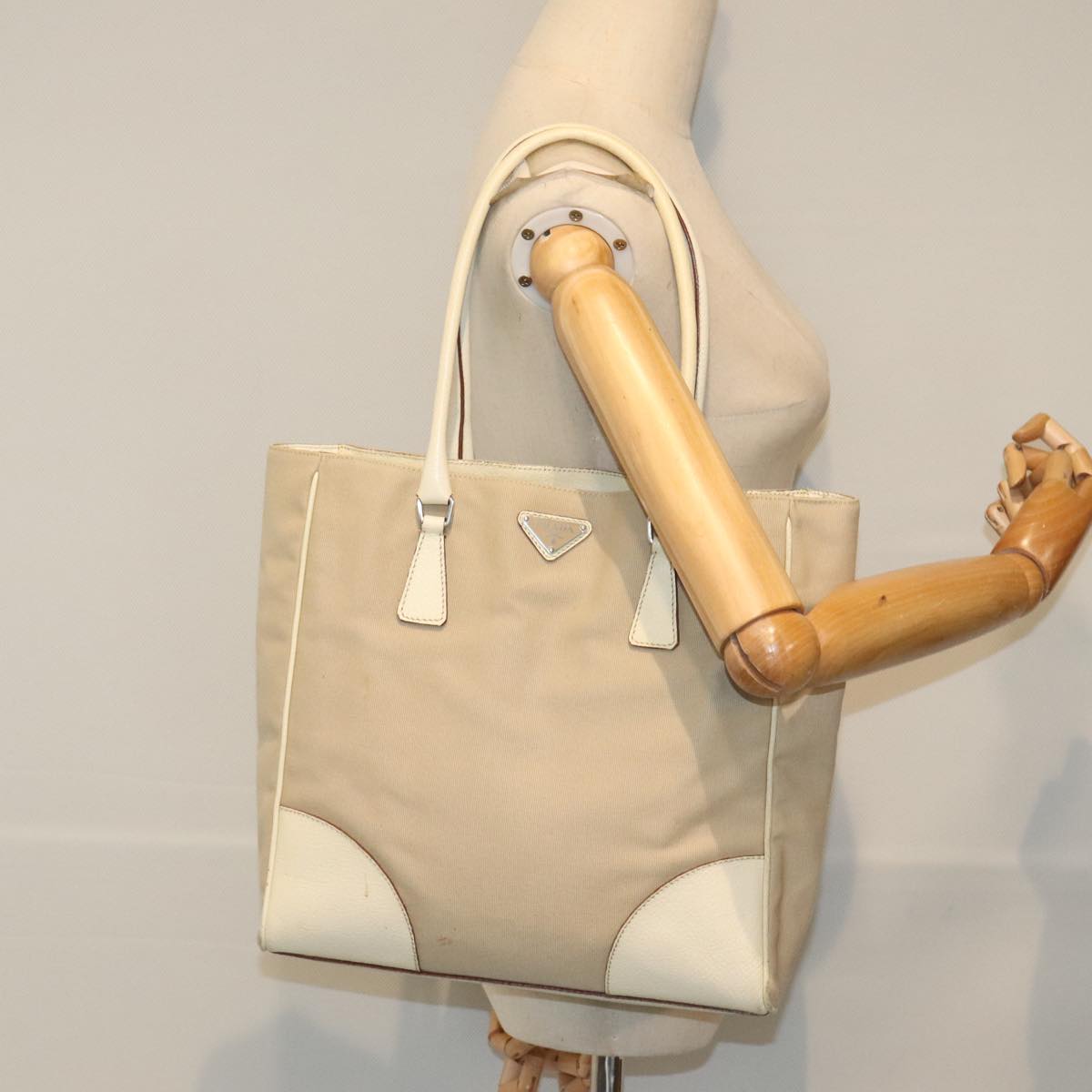 PRADA Tote Bag Canvas Leather Beige Cream Silver Auth ep5828