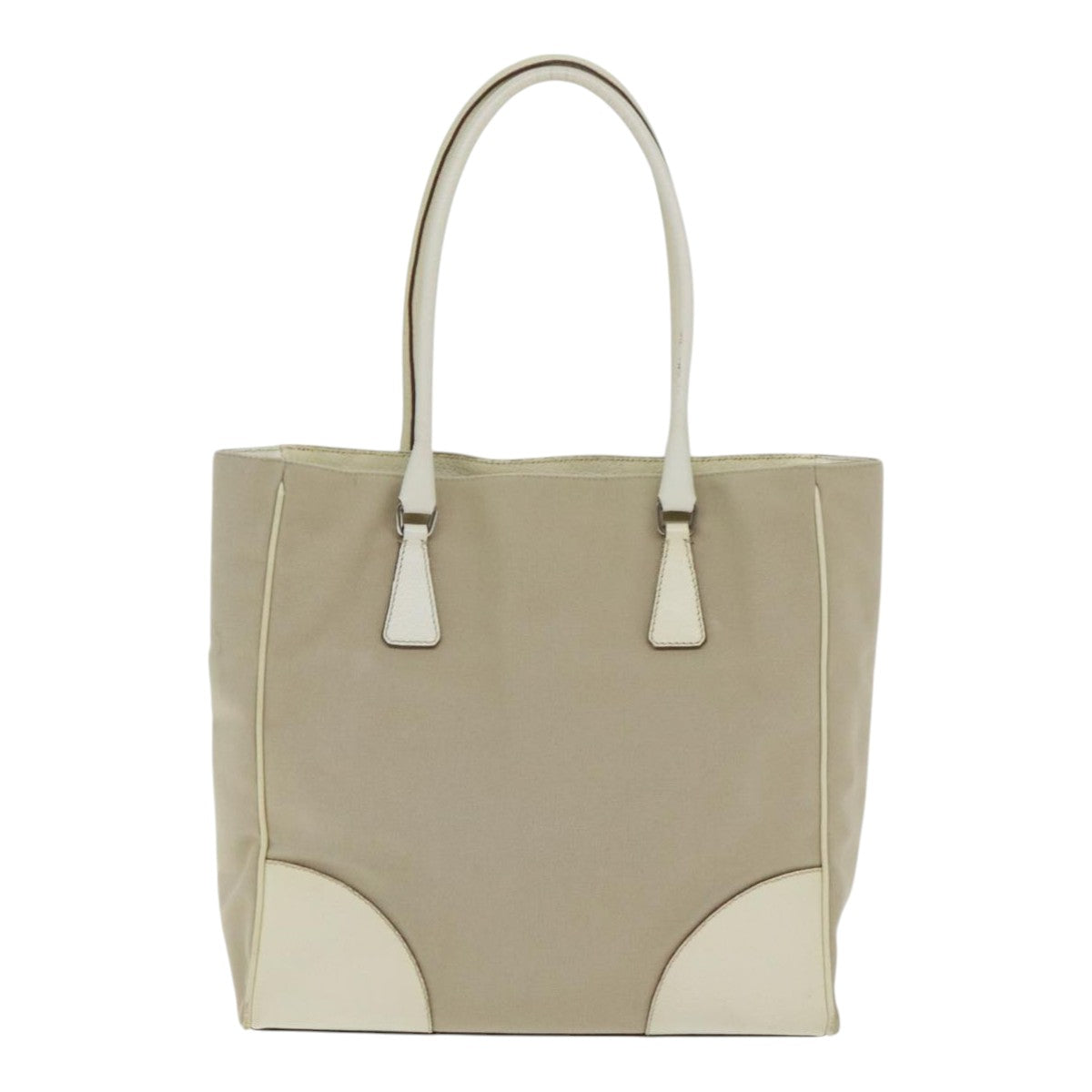 PRADA Tote Bag Canvas Leather Beige Cream Silver Auth ep5828 - 0