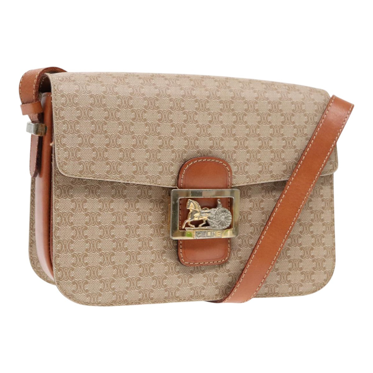 CELINE Macadam Canvas Shoulder Bag Beige Gold Auth ep5832