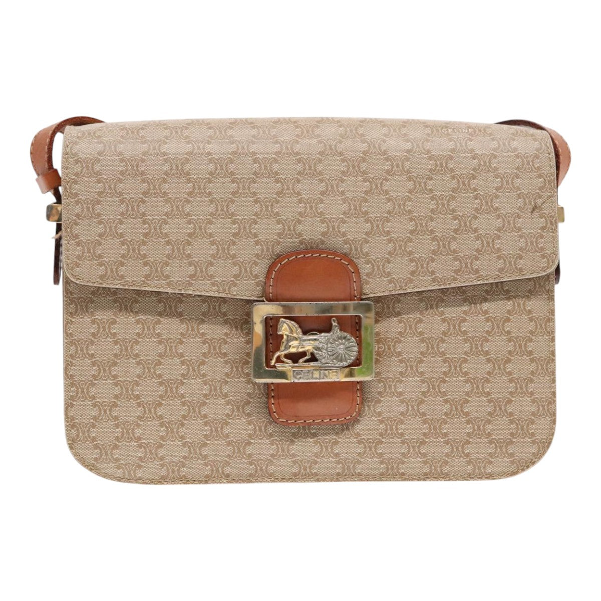 CELINE Macadam Canvas Shoulder Bag Beige Gold Auth ep5832