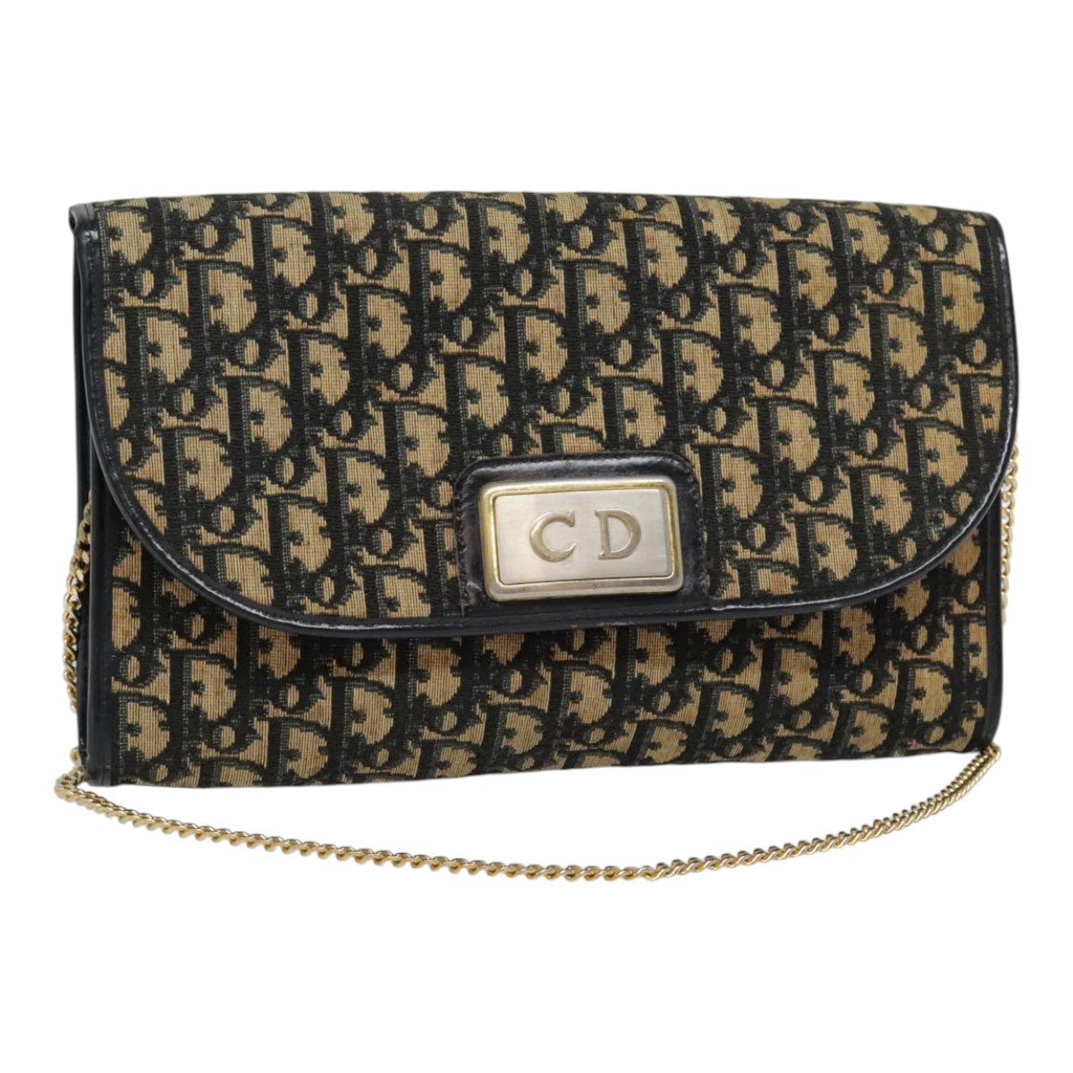 Christian Dior Trotter Canvas Chain Shoulder Bag Navy Gold Auth ep5850