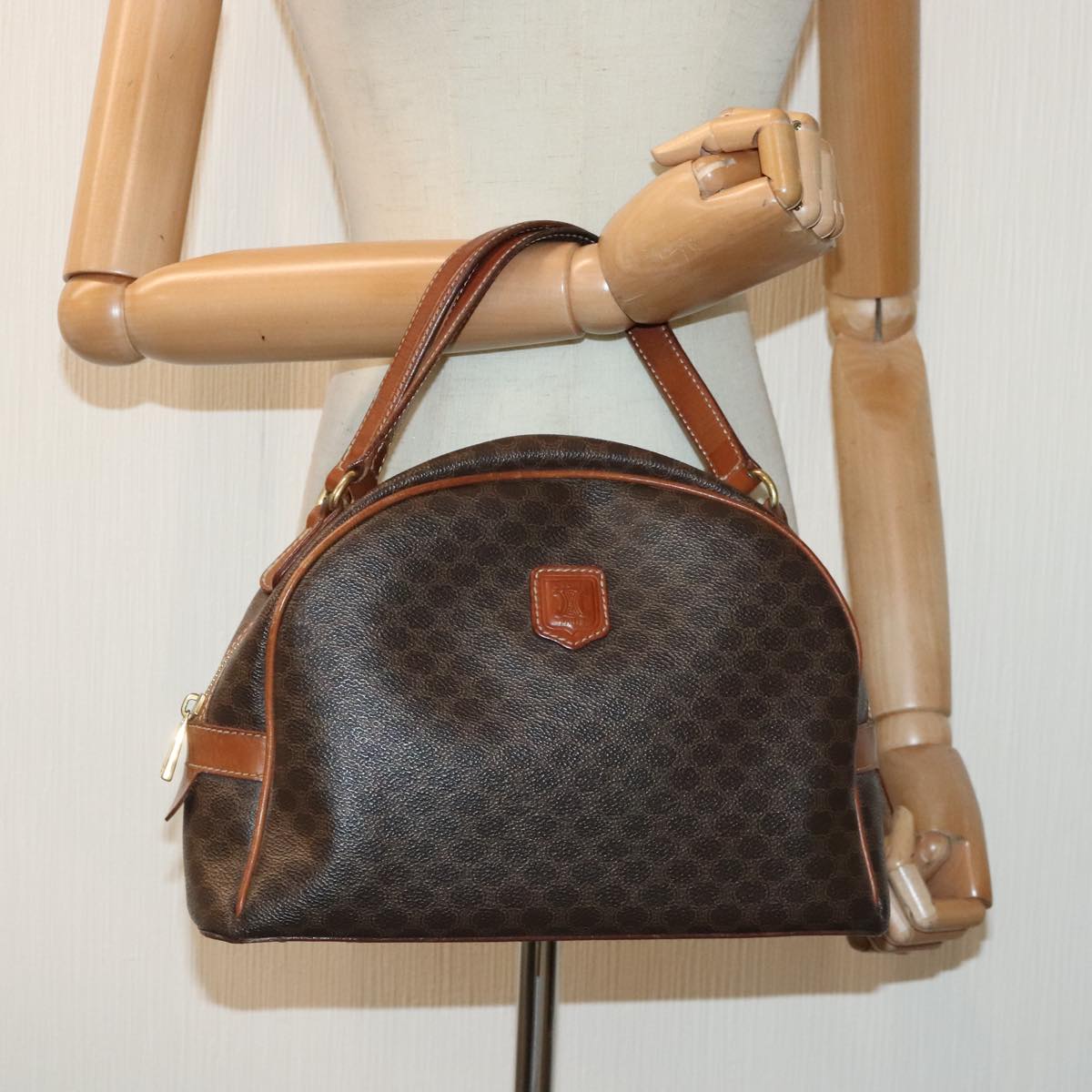 CELINE Macadam Canvas Hand Bag PVC Leather Brown Gold Auth ep5852