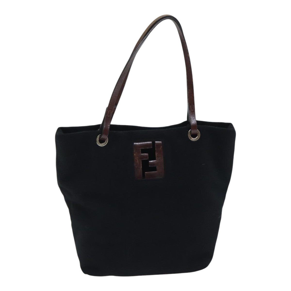 FENDI Hand Bag Wool Leather Black Brown Silver Auth ep5859