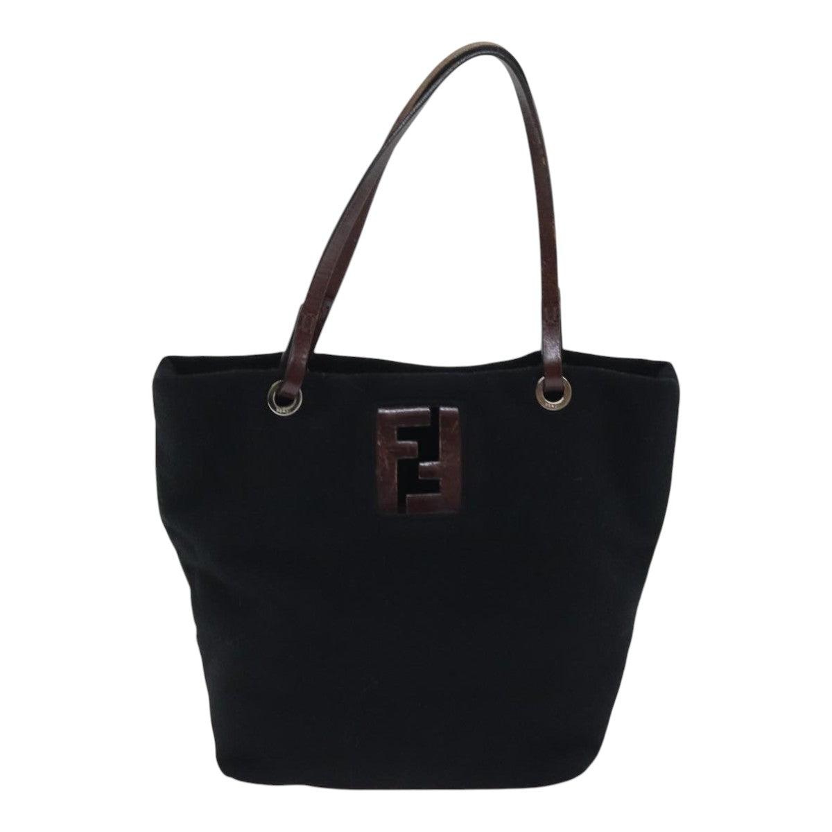 FENDI Hand Bag Wool Leather Black Brown Silver Auth ep5859