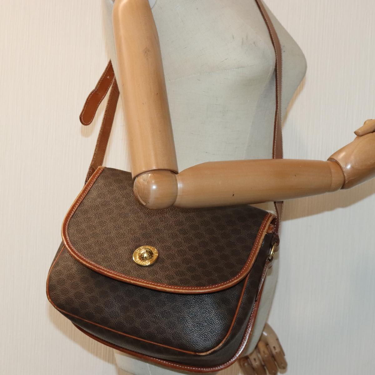 CELINE Macadam Canvas Shoulder Bag PVC Leather Brown Gold Auth ep5894