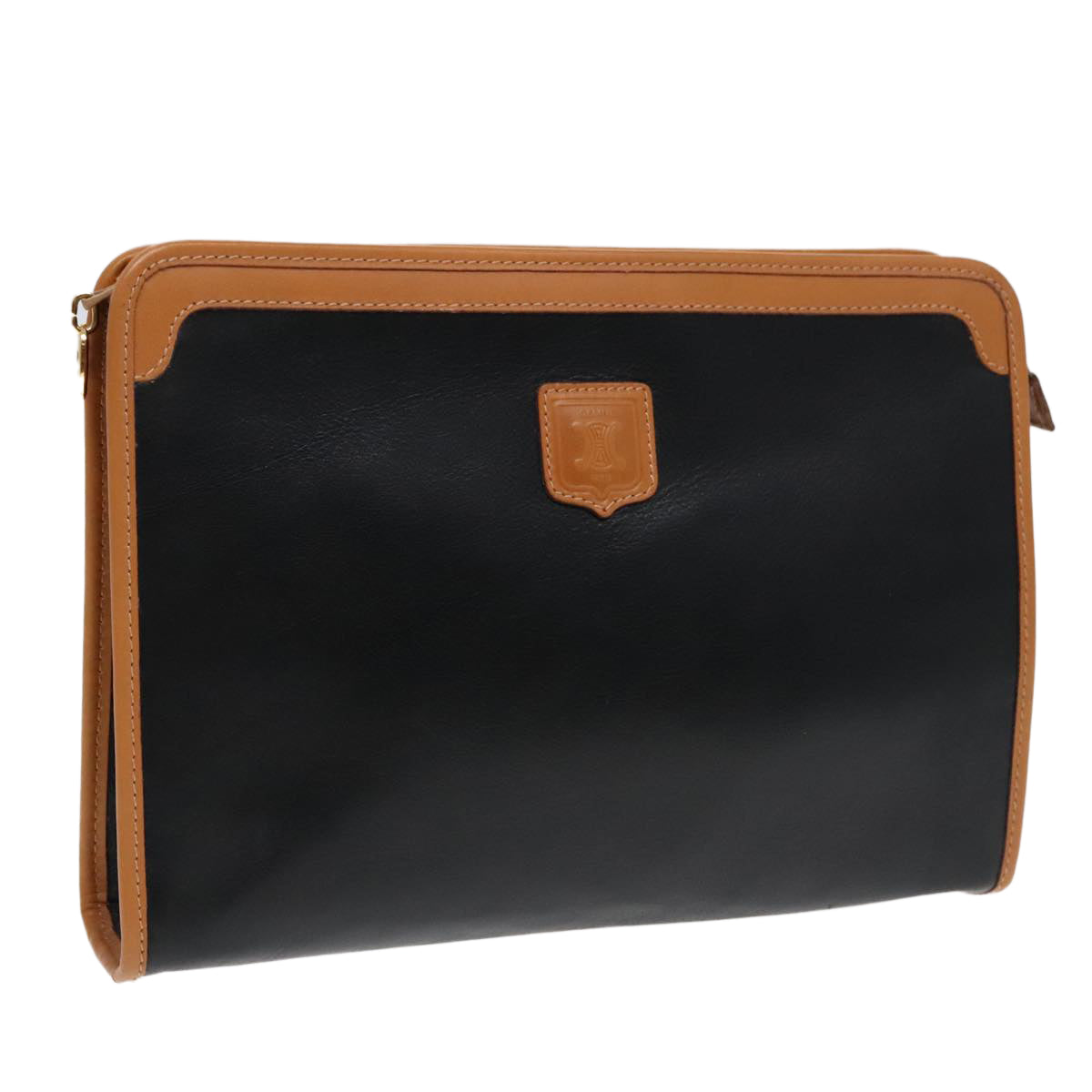 CELINE Clutch Bag Leather Black Gold Auth ep5897