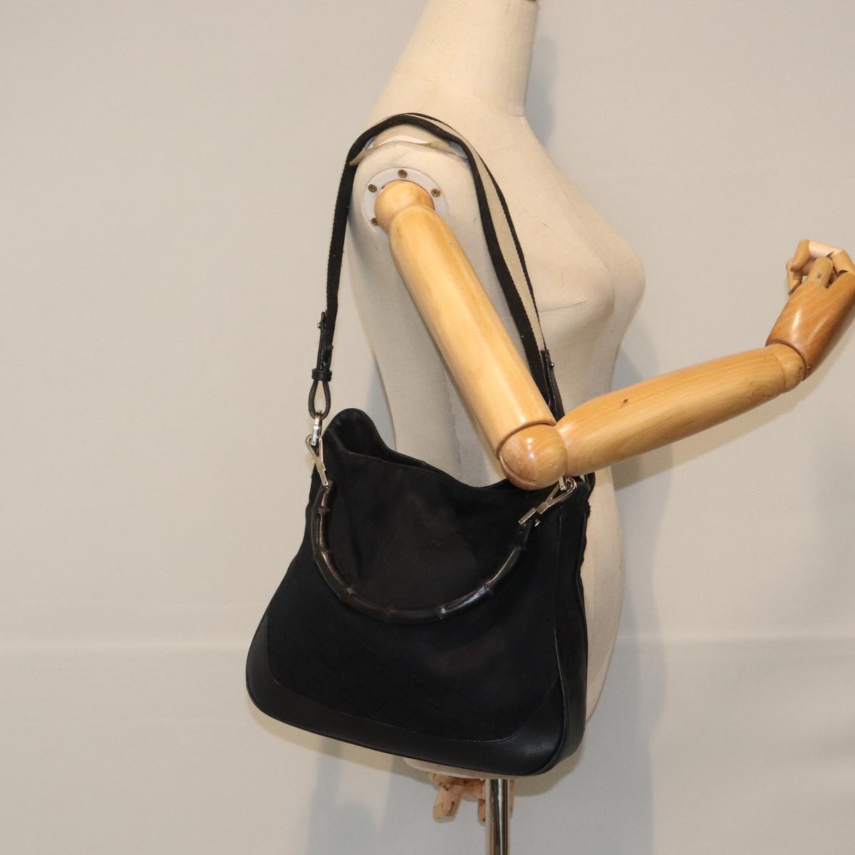 GUCCI Bamboo Sherry Line Shoulder Bag GG Canvas 2way Black Silver Auth ep5898