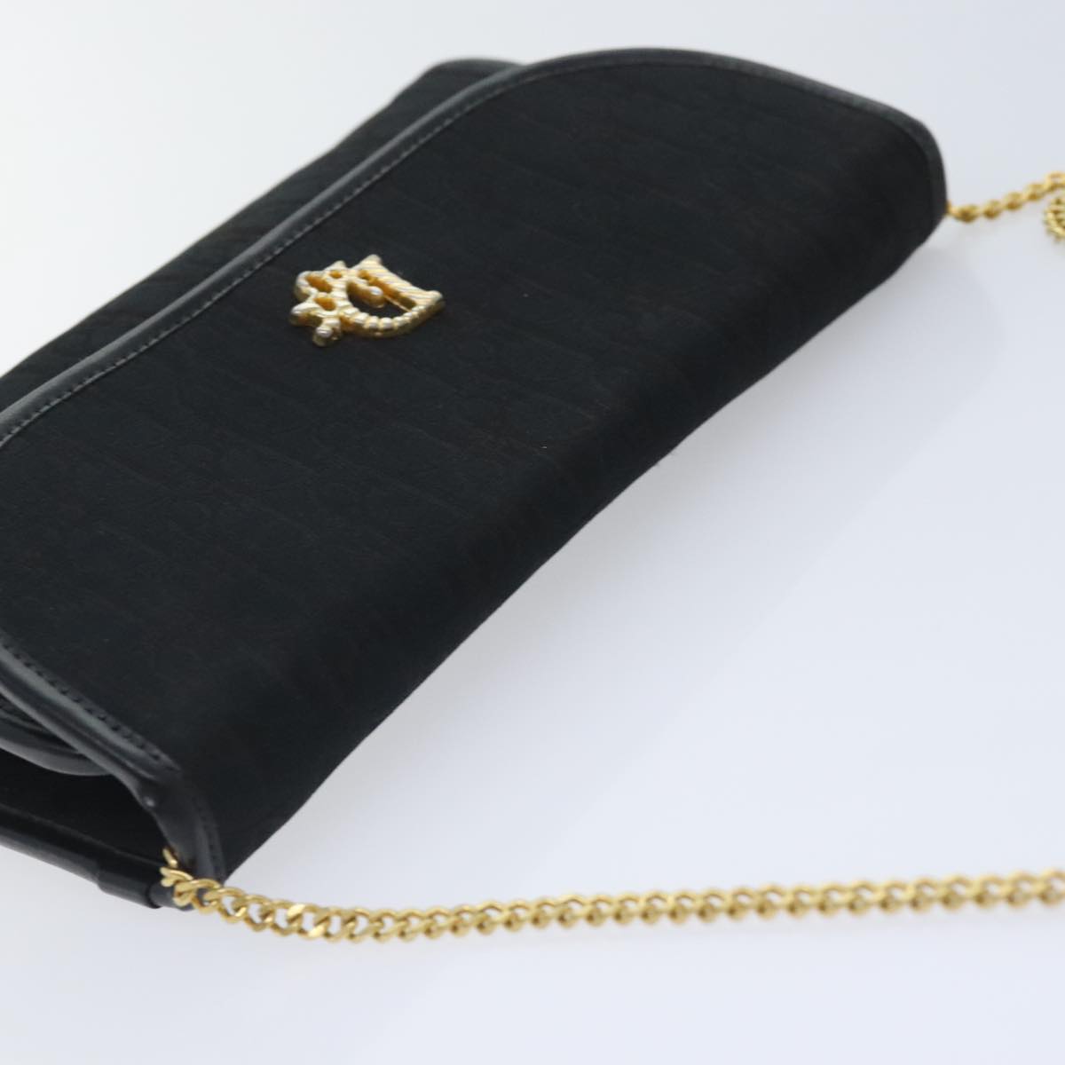 Christian Dior Trotter Canvas Chain Shoulder Bag Gold Black Auth ep5899