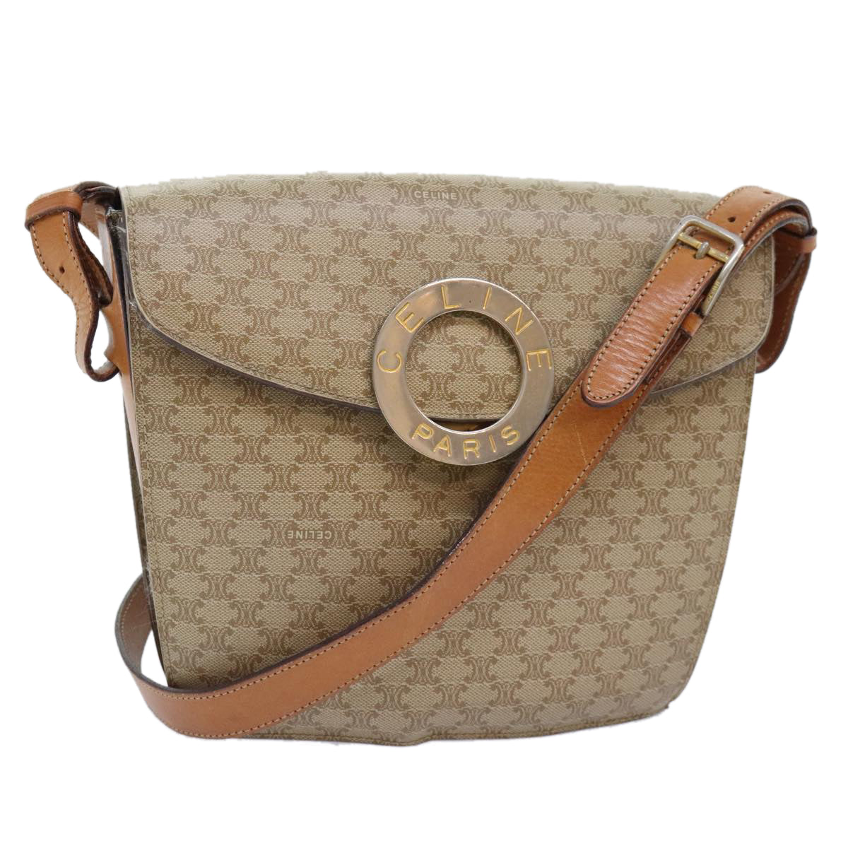 CELINE Macadam Canvas Shoulder Bag Beige Gold Auth ep5915