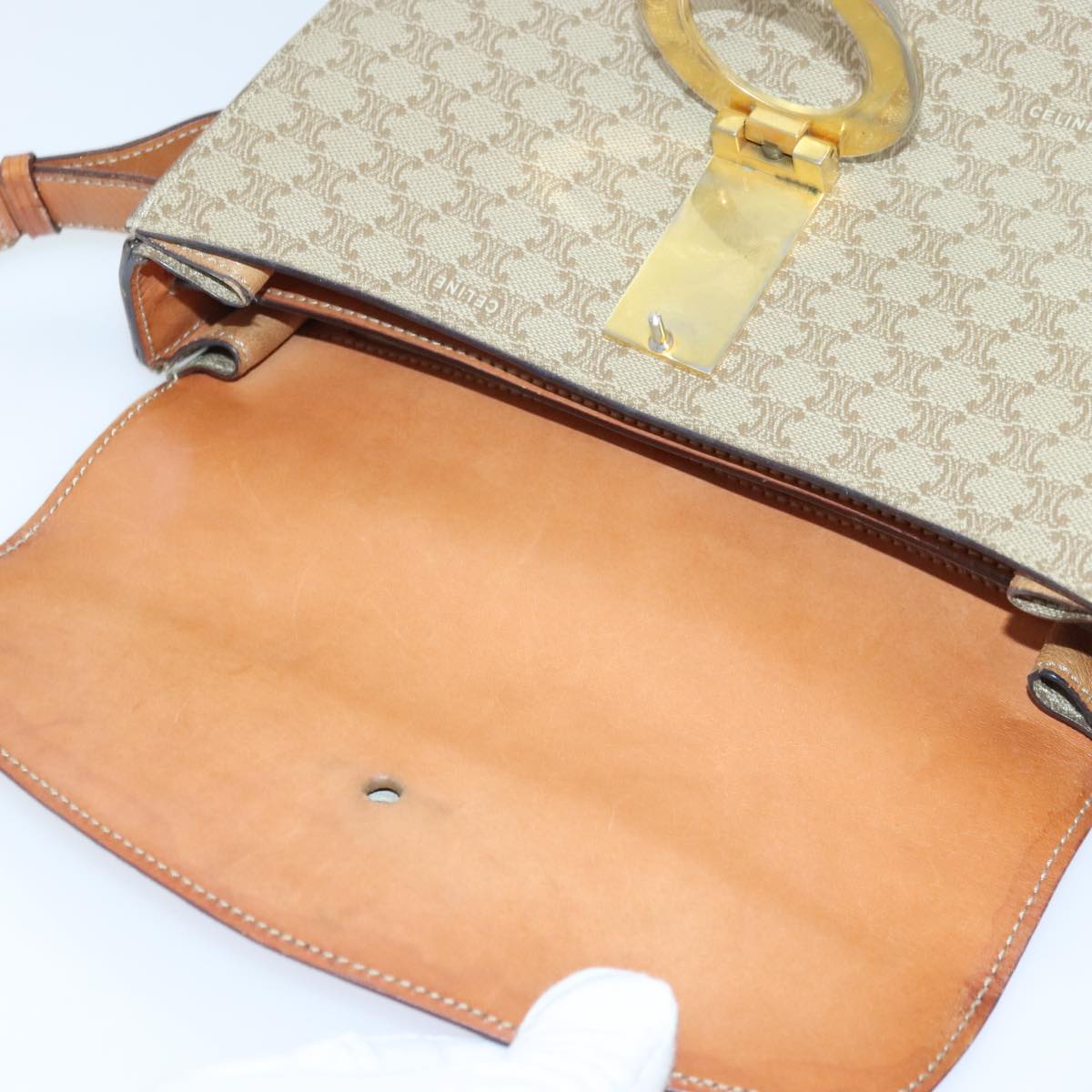 CELINE Macadam Canvas Shoulder Bag Beige Gold Auth ep5915