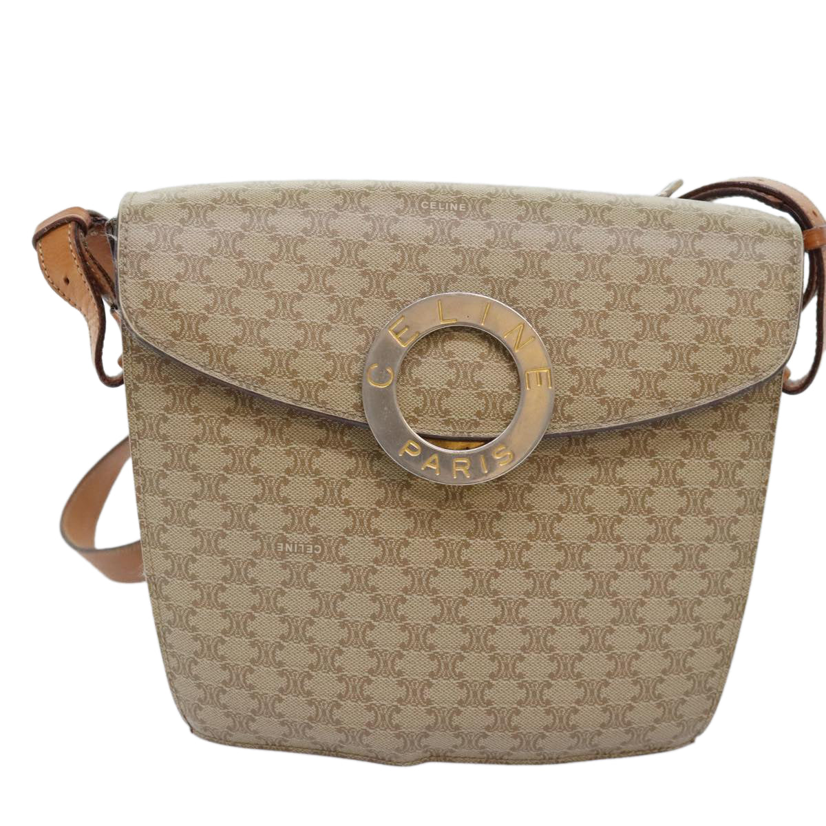 CELINE Macadam Canvas Shoulder Bag Beige Gold Auth ep5915 - 0