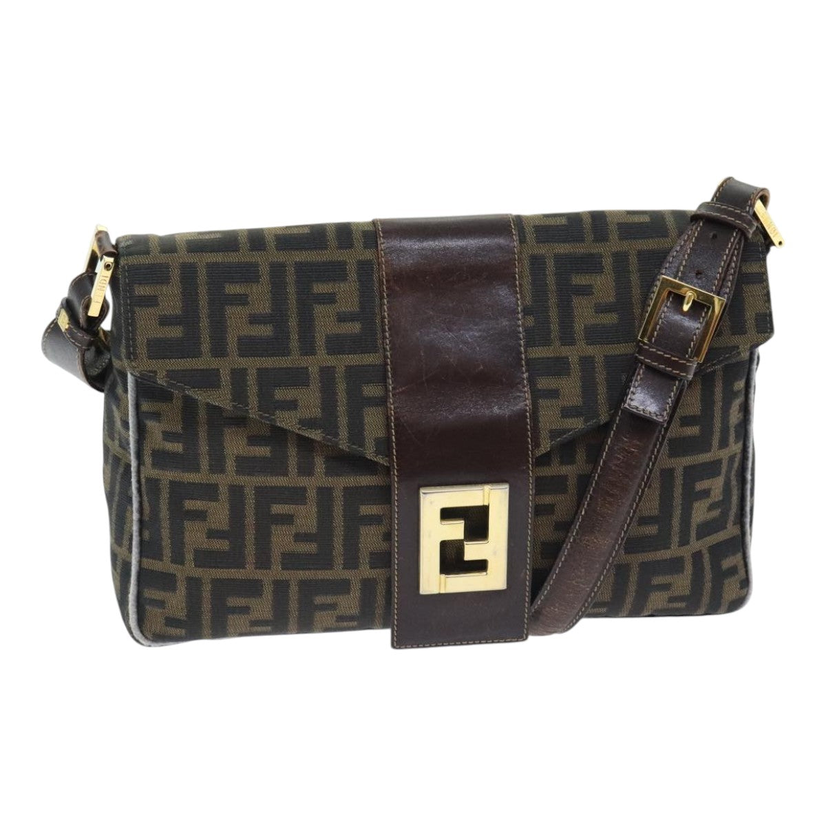 FENDI Zucca Canvas Shoulder Bag Brown Black Gold Auth ep5919