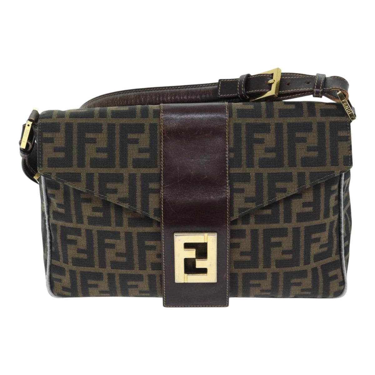 FENDI Zucca Canvas Shoulder Bag Brown Black Gold Auth ep5919