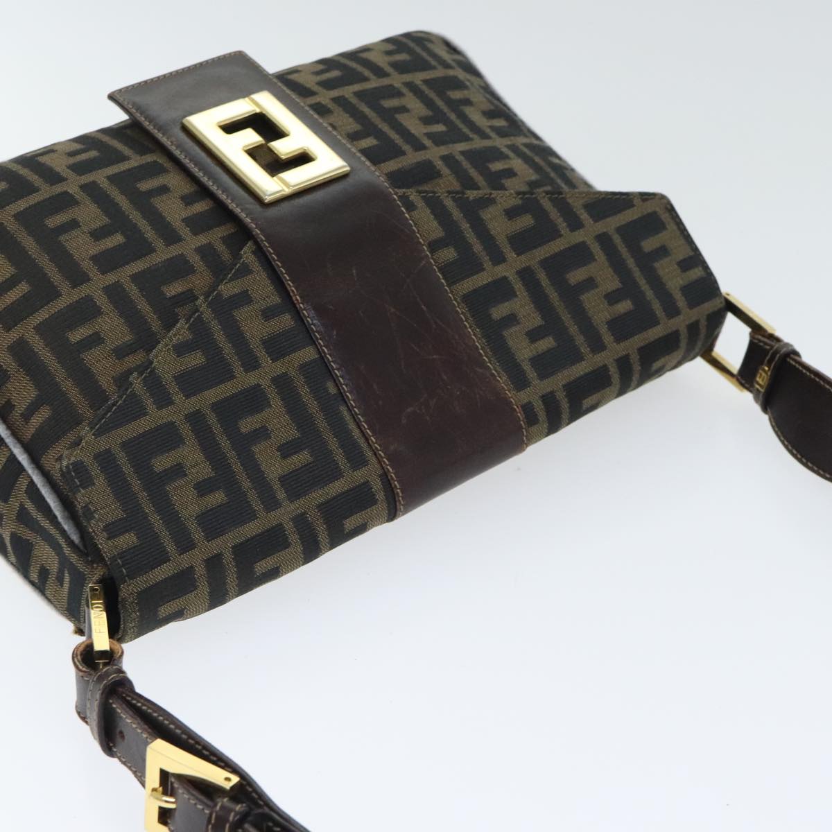 FENDI Zucca Canvas Shoulder Bag Brown Black Gold Auth ep5919