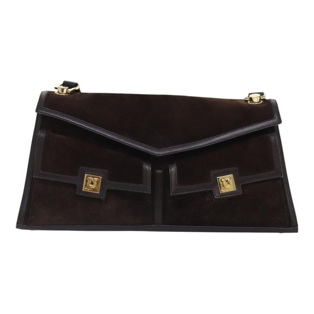 Salvatore Ferragamo Gancini Shoulder Bag Suede Brown Gold Auth ep5931