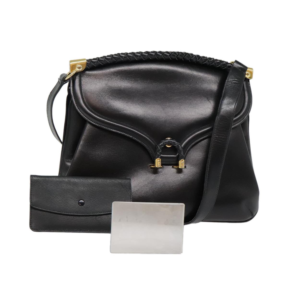 GUCCI Shoulder Bag Leather Black Gold Auth ep5949