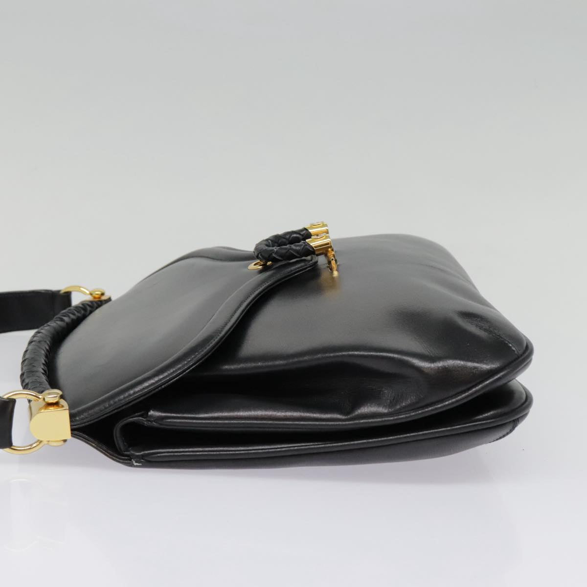 GUCCI Shoulder Bag Leather Black Gold Auth ep5949