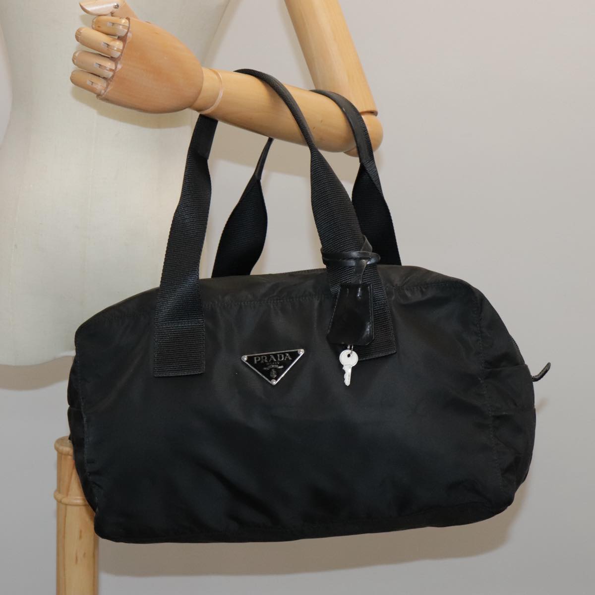 PRADA Boston Bag Nylon Black Silver Auth ep5957