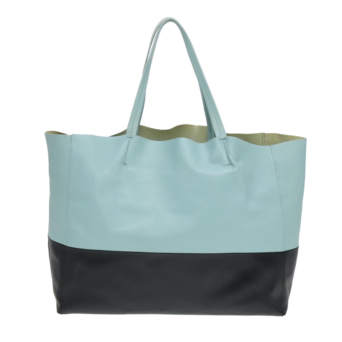 CELINE Cava Horizontal Tote Bag Leather Baby Blue Black Gold Auth ep5974 - 0