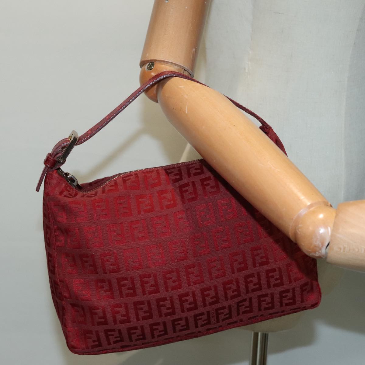 FENDI Zucchino Canvas Hand Bag Red Silver Auth ep5978