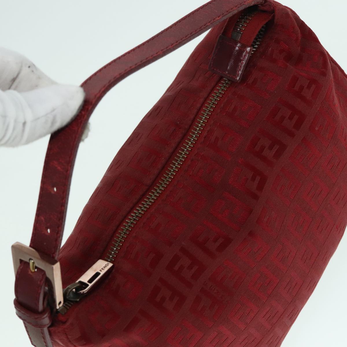 FENDI Zucchino Canvas Hand Bag Red Silver Auth ep5978