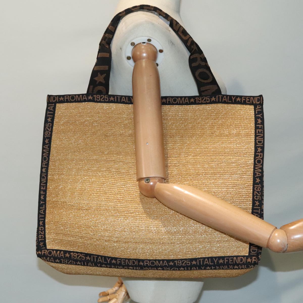 FENDI Tote Bag Straw Beige Auth ep5982