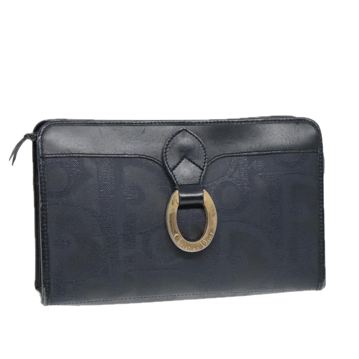 Christian Dior Trotter Canvas Clutch Bag Navy Gold Auth ep5985