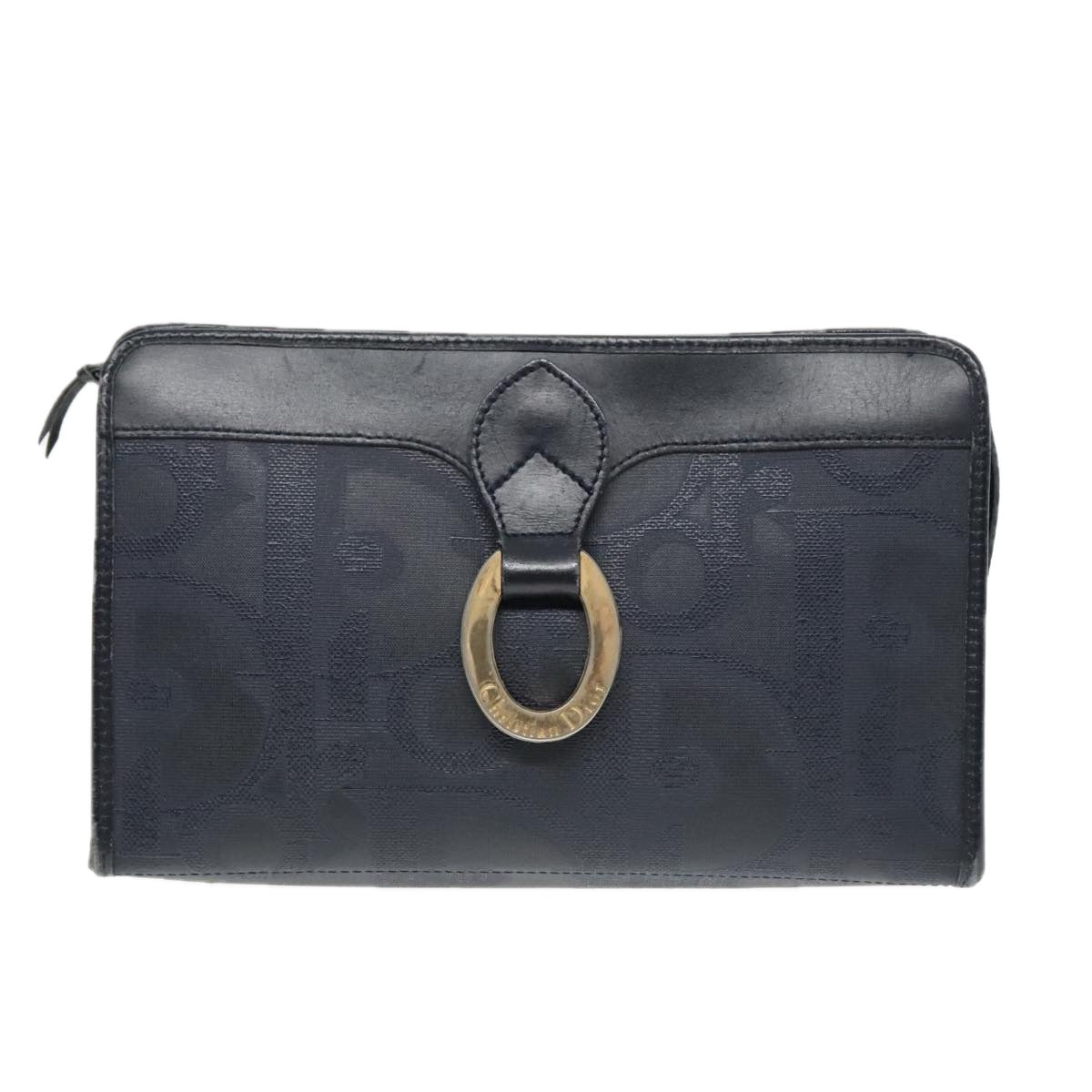 Christian Dior Trotter Canvas Clutch Bag Navy Gold Auth ep5985 - 0