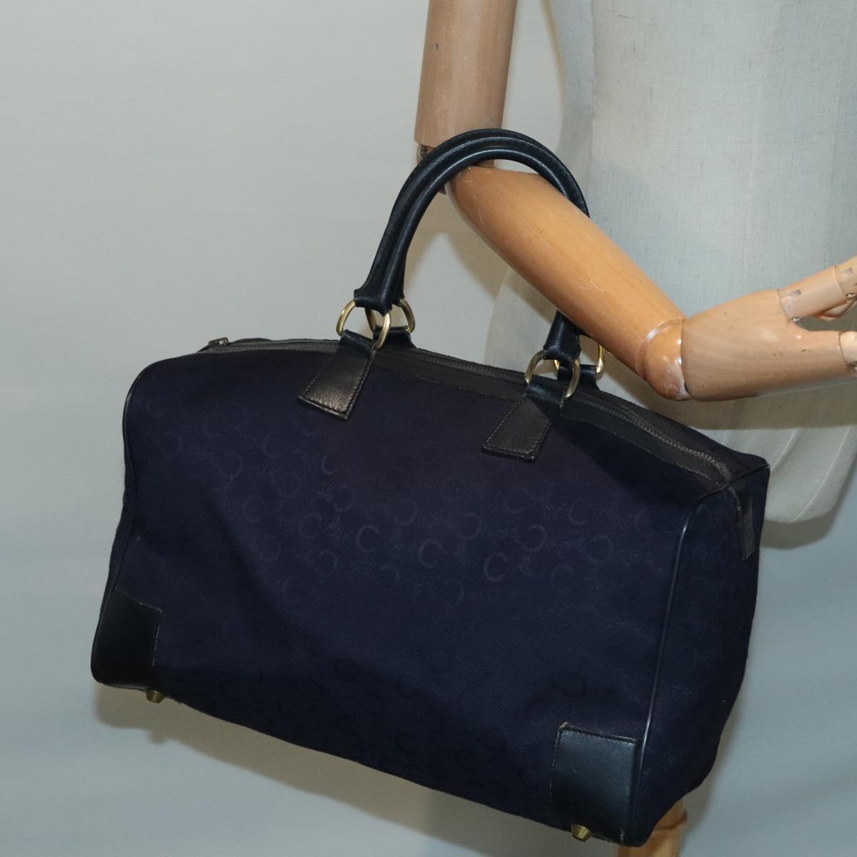 CELINE C Macadam Canvas Boston Bag Navy Gold Auth ep5995