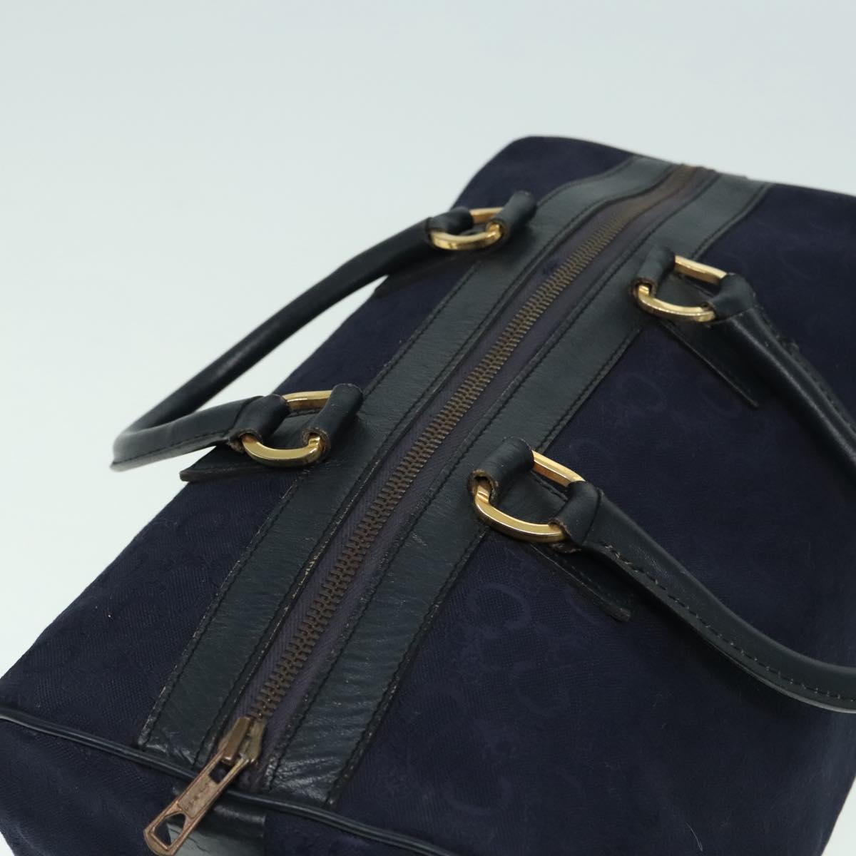 CELINE C Macadam Canvas Boston Bag Navy Gold Auth ep5995