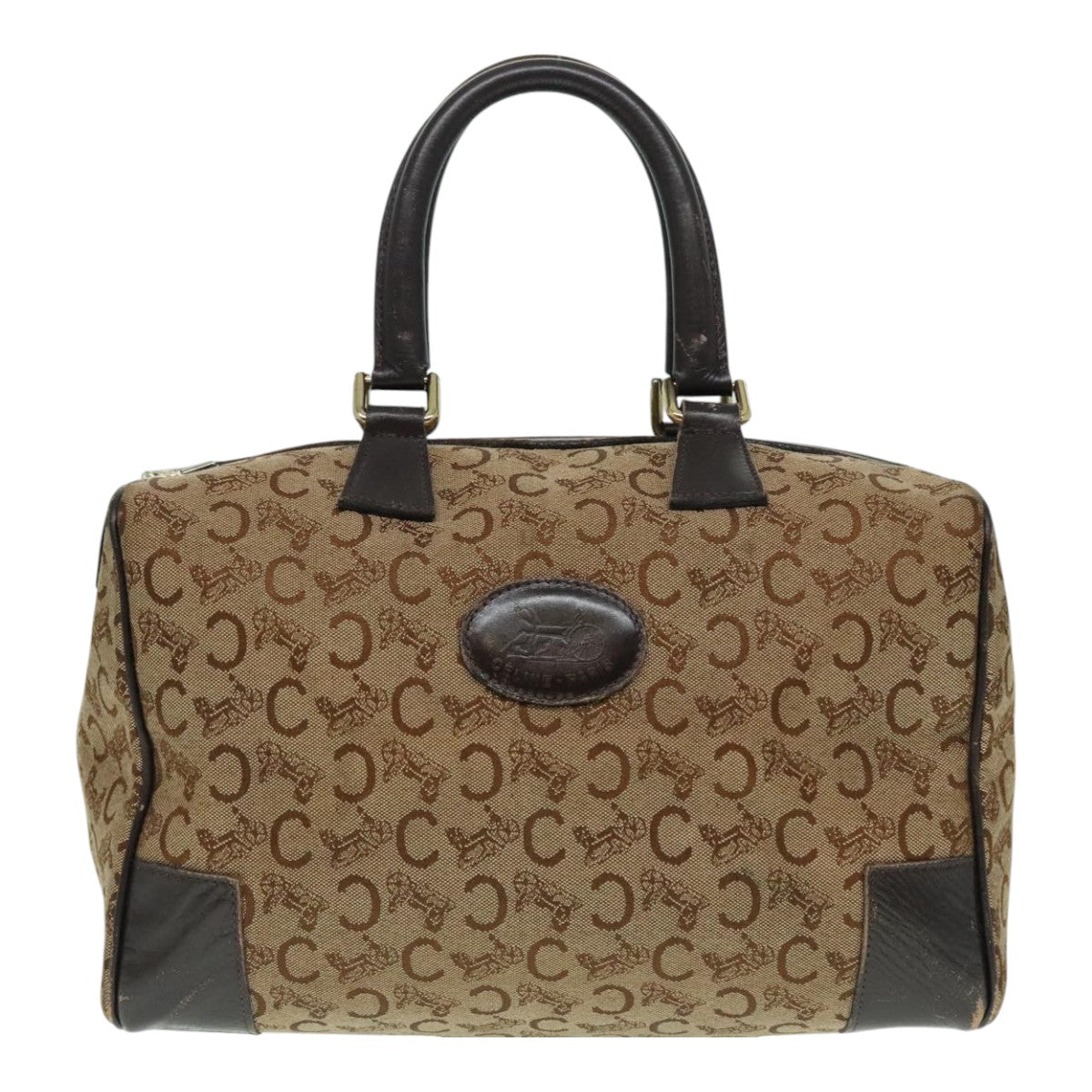 CELINE C Macadam Canvas Boston Bag Brown Gold Auth ep6001