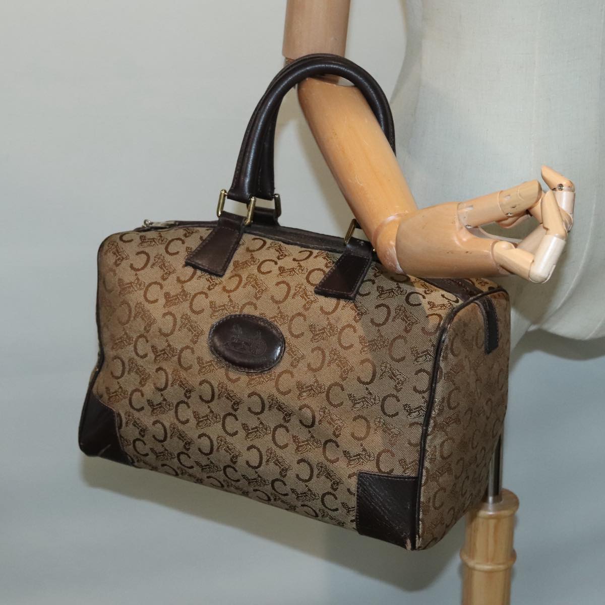 CELINE C Macadam Canvas Boston Bag Brown Gold Auth ep6001