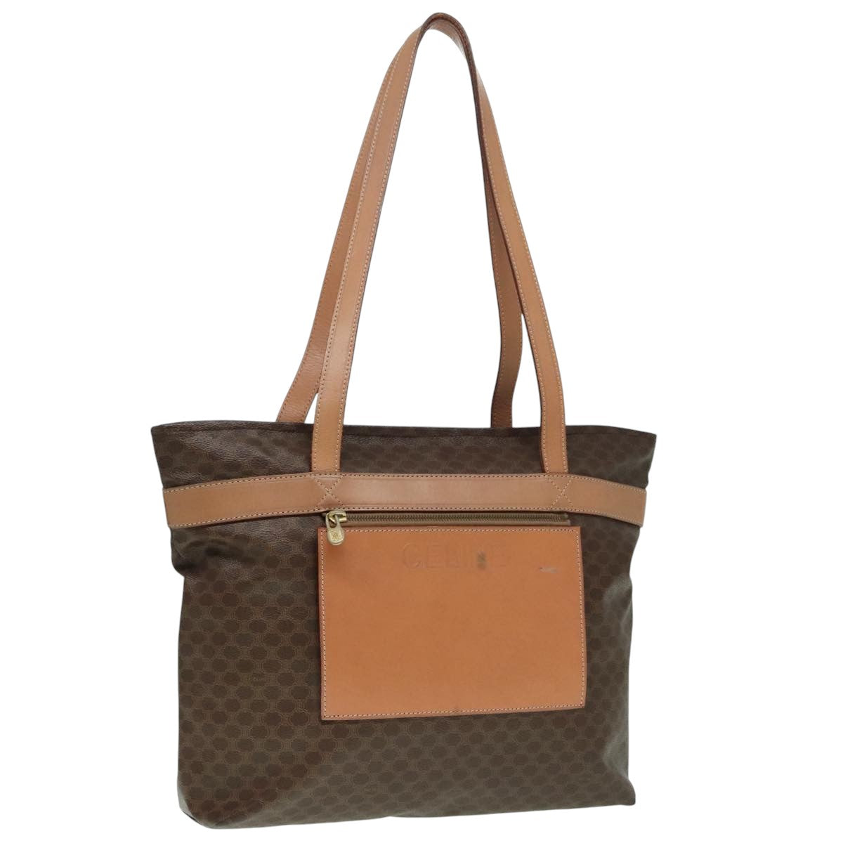 CELINE Macadam Canvas Tote Bag PVC Leather Brown Gold Auth ep6003