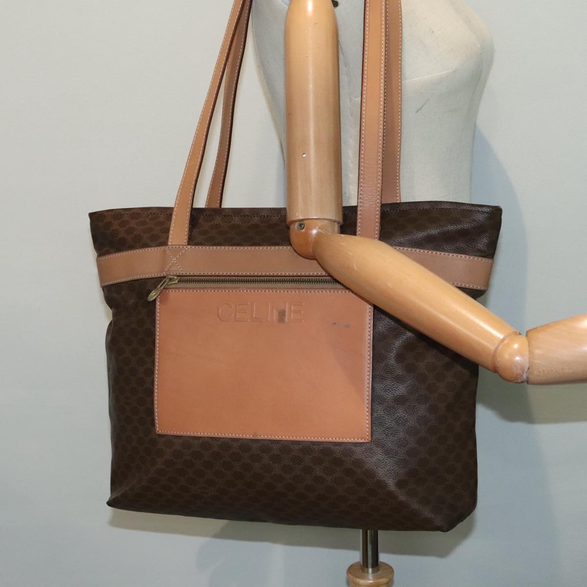 CELINE Macadam Canvas Tote Bag PVC Leather Brown Gold Auth ep6003