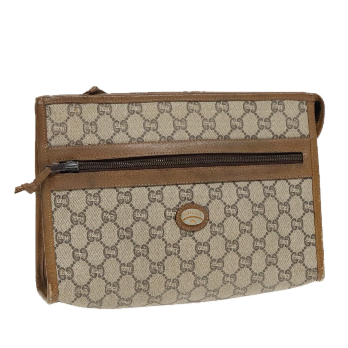 GUCCI GG Plus Supreme Clutch Bag PVC Leather Beige Gold Auth ep6048