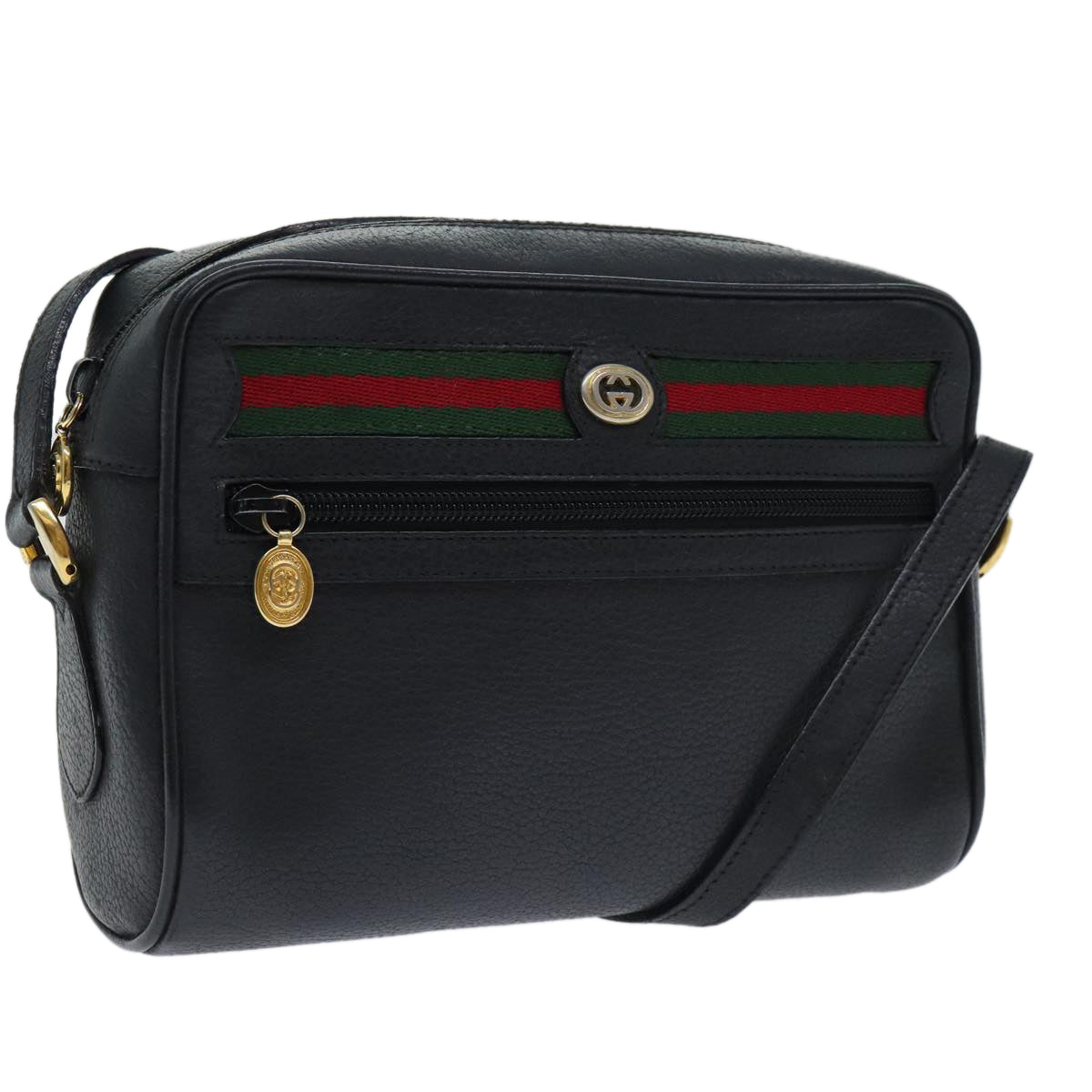 GUCCI Leather Web Sherry Line Shoulder Bag PVC Black Green Red Auth ep6050