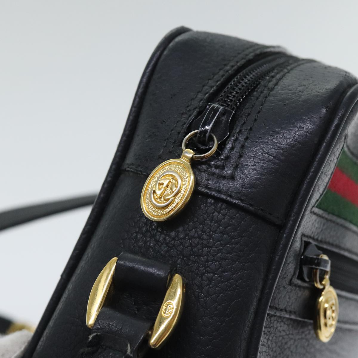 GUCCI Leather Web Sherry Line Shoulder Bag PVC Black Green Red Auth ep6050