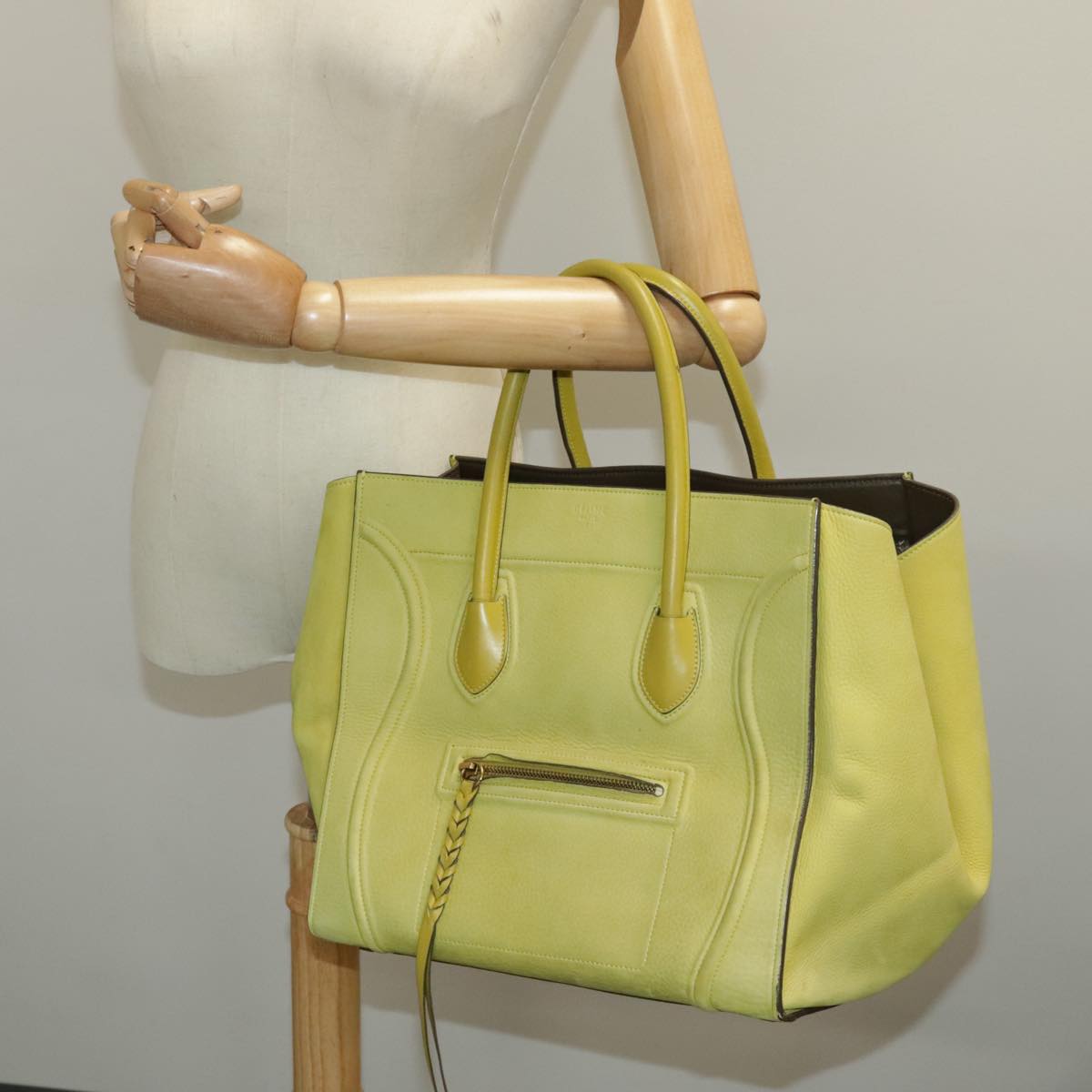 CELINE Luggage Mini Shopper Hand Bag Suede Leather LIme Green Gold Auth ep6071