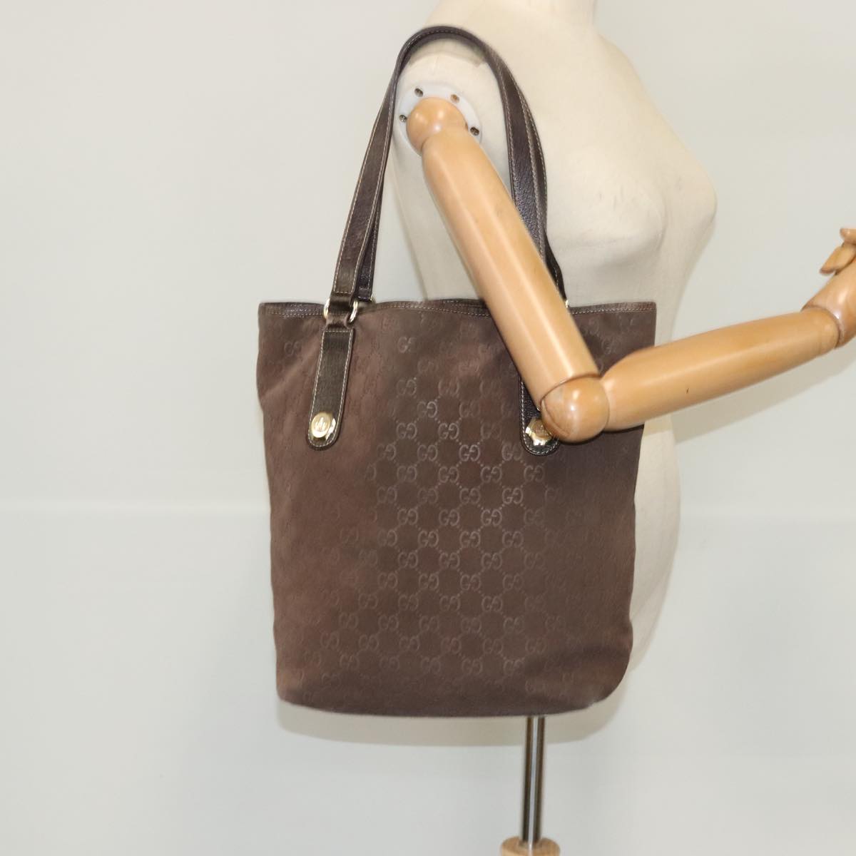 GUCCI GG Canvas Tote Bag Suede Gold Brown 153009 Auth ep6077