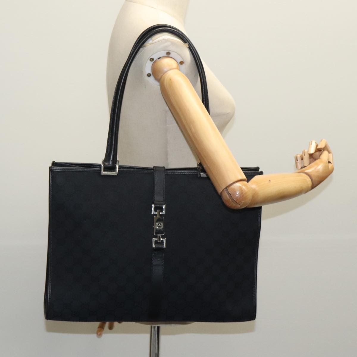 GUCCI GG Canvas Jackie Tote Bag Black Silver 002 1074 2123 Auth ep6090