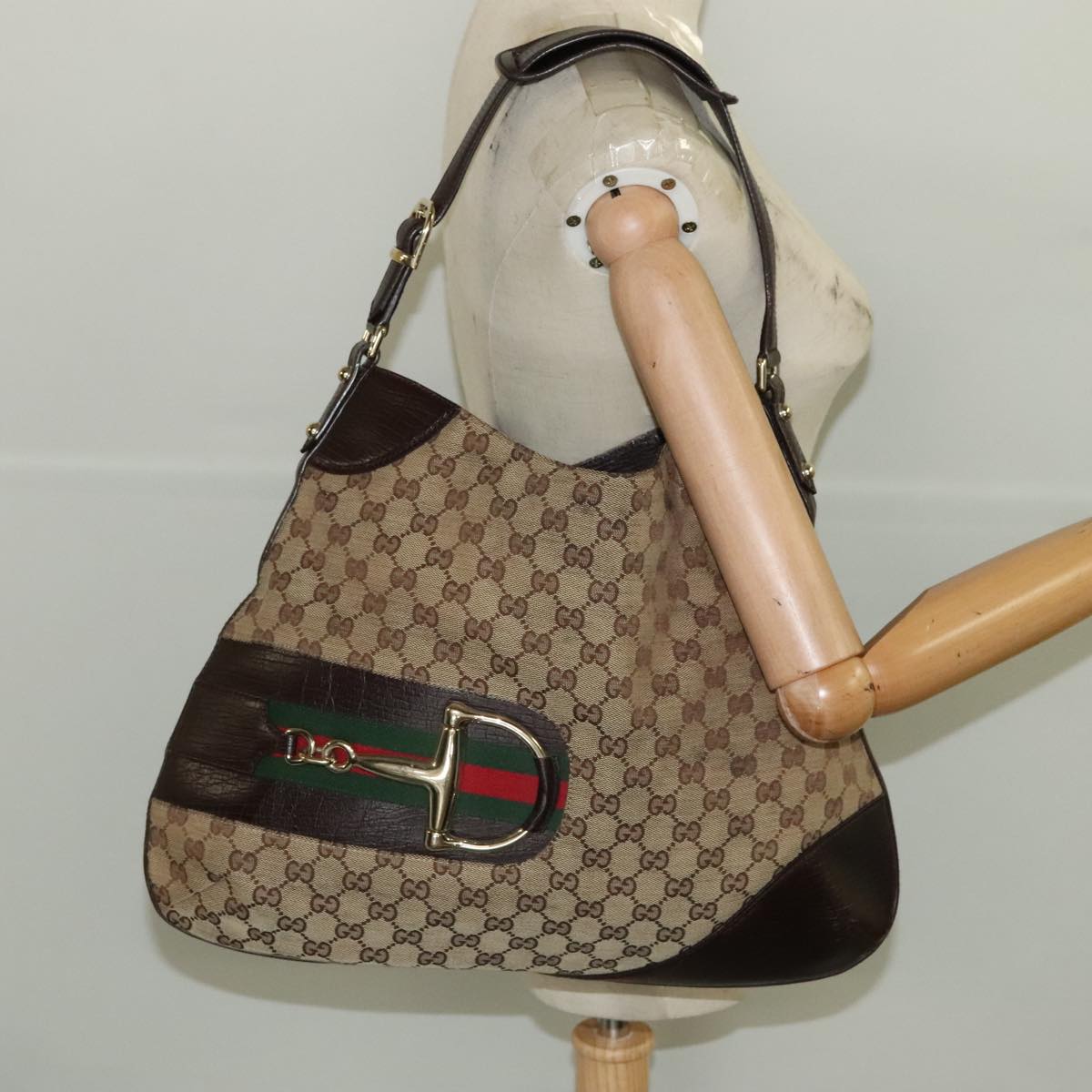 GUCCI GG Canvas Web Sherry Line Shoulder Bag Beige Gold 137386 Auth ep6107